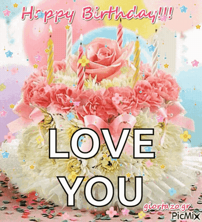 Birthday Card With Cake And Candles Saying Love You GIF