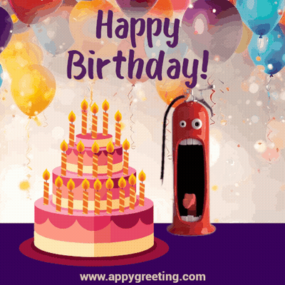 Birthday Card With Cake And Fire Extinguisher Face GIF