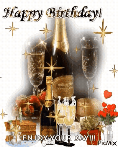 Birthday Card With Champagne And Glasses GIF