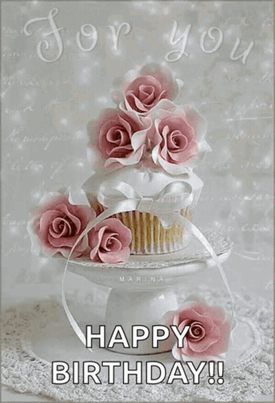 Birthday Card With Cupcake Decorated With Pink Roses GIF