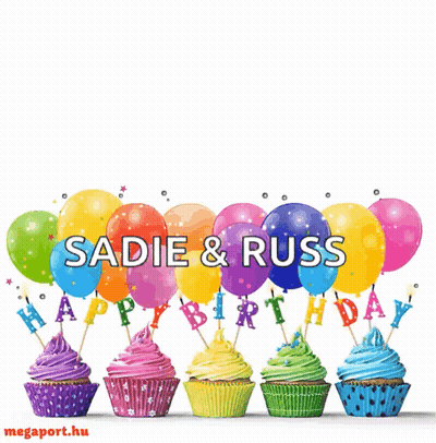 Birthday Card With Cupcakes And Balloons For Sadie And Russ GIF