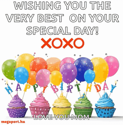Birthday Card With Cupcakes And Balloons Saying Wishing You The Very Best GIF