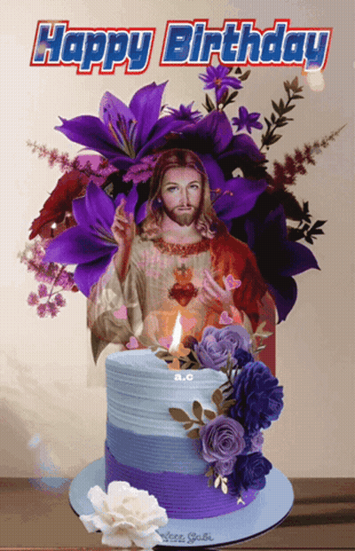Birthday Card With Jesus And Purple Flowers GIF