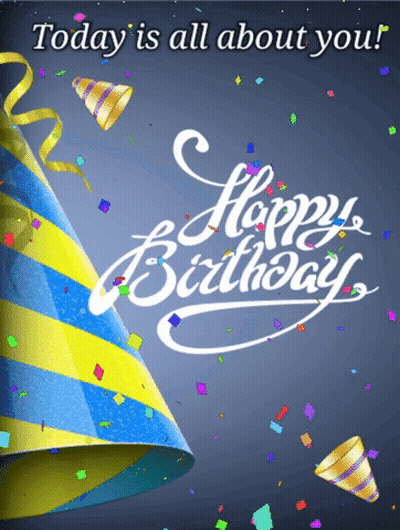 Birthday Card With Party Hat And Confetti Says Today Is All About You GIF