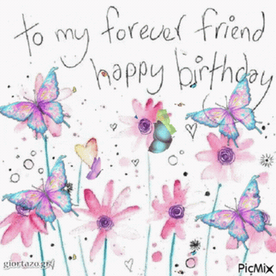 Birthday Card With Pink Flowers And Butterflies GIF