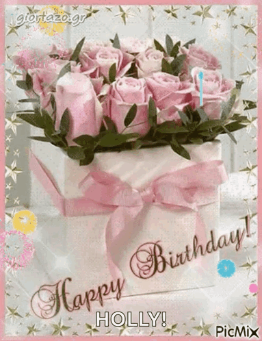 Birthday Card With Pink Roses And Happy Birthday Holly GIF