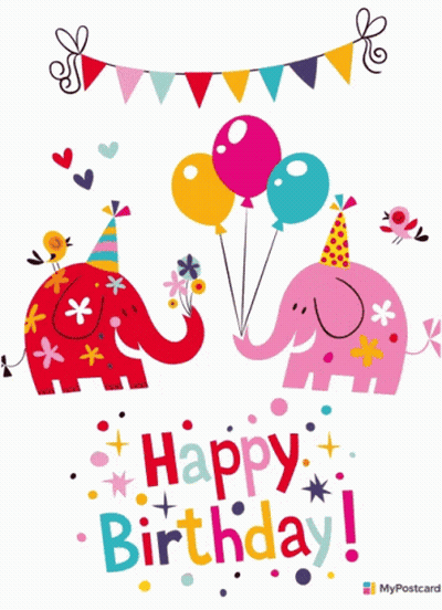Birthday Card With Two Elephants Holding Balloons GIF