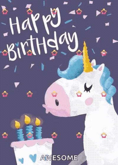 Birthday Card With Unicorn And Cake With Candles GIF