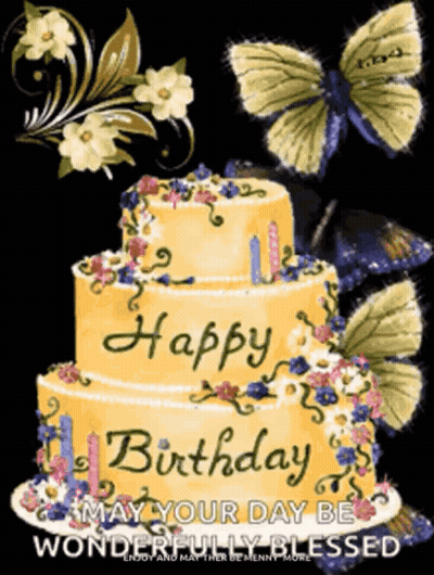 Birthday Card With Yellow Cake And Butterflies Saying Happy Birthday May Your Day Be Wonderfully Blessed GIF