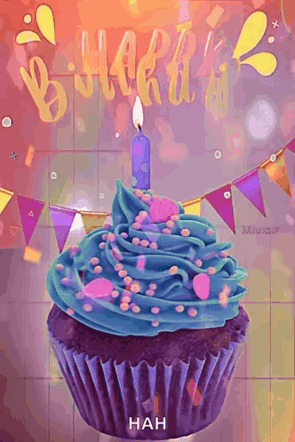 Birthday Cupcake With Blue Frosting And Candle GIF