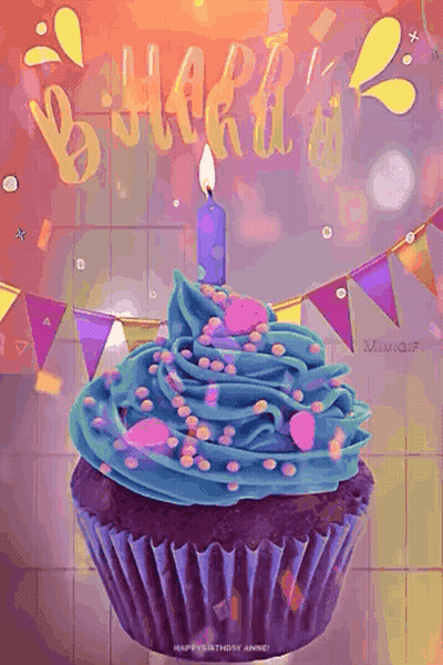 Birthday Cupcake With Blue Frosting And Lit Candle GIF