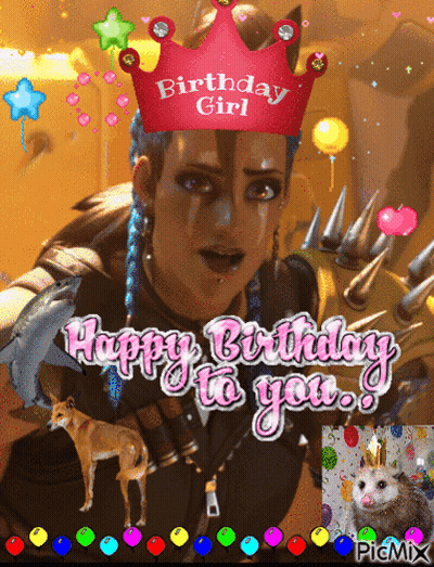 Birthday Girl In Pink Crown With Animals And Balloons GIF
