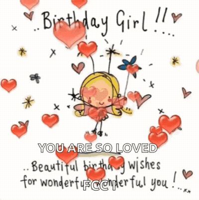 Birthday Girl Surrounded By Hearts And Flowers GIF