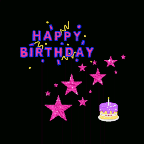 Birthday Greeting Card With Cake And Pink Stars GIF