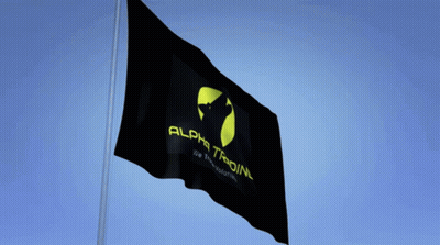 Black Alpha Trading Flag Flying In Blue Sky GIF