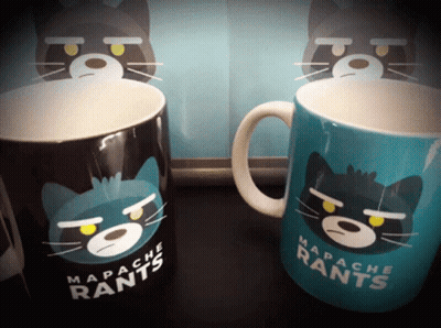 Black And Blue Mapache Rants Mug With Cat GIF
