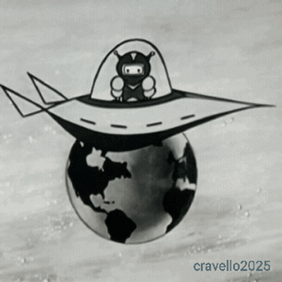 Black and White Alien Flying Over Globe 2025