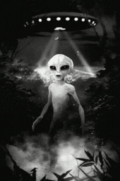 Black And White Alien Standing In Front Of UFO GIF