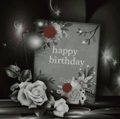 Black And White Birthday Card With Red Roses And Happy Birthday GIF