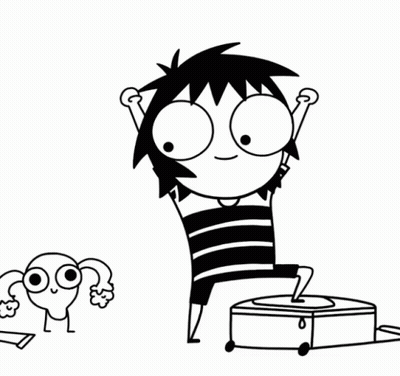 Black And White Boy With Big Eyes Next To Suitcase GIF