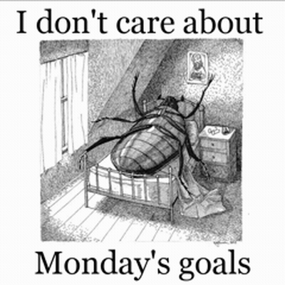 Black And White Bug On Bed Saying I Don't Care About Monday's Goals GIF