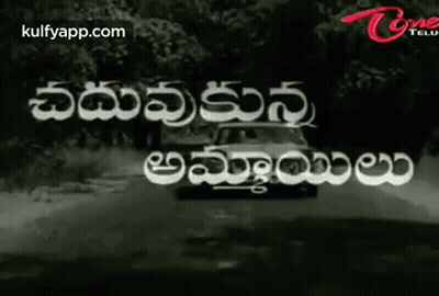 Black And White Car Driving Down Road With Telugu Writing GIF