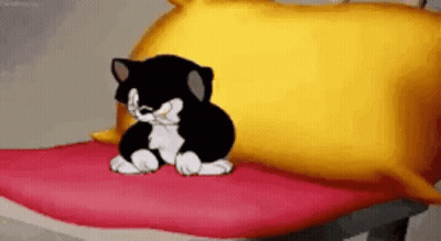 Black And White Cartoon Cat Sitting On Red And Yellow Pillows GIF