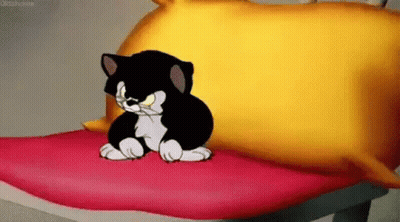 Black And White Cartoon Cat Sitting On Red Pillow GIF