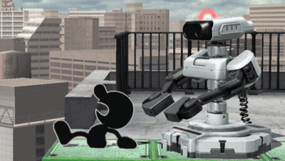 Black And White Cartoon Character Beside Robot GIF