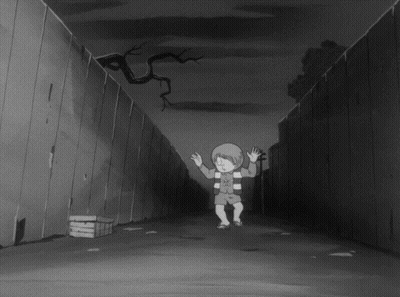 Black And White Cartoon Character In Hallway GIF