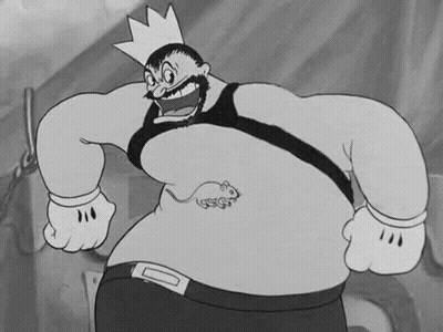 Black And White Cartoon Character With Crown And Mouse On Belly GIF