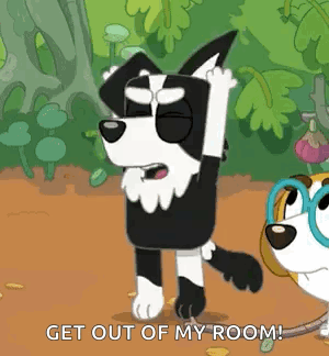 Black And White Cartoon Dog Standing Next To Another Dog Get Out Of My Room GIF