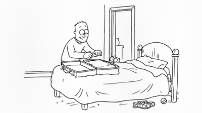Black And White Cartoon Man Packing Suitcase GIF
