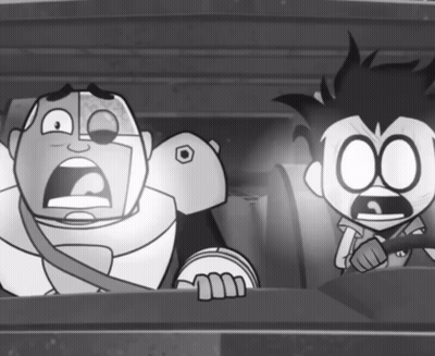 Black And White Cartoon Robot And Boy With 00 On Faces GIF