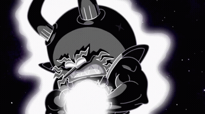 Black And White Cartoon With Horns Holding Lightning Bolt GIF