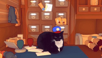 Black And White Cat Sitting On Desk With Paw Print Boxes GIF