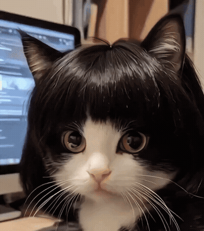Black And White Cat Wearing Wig GIF