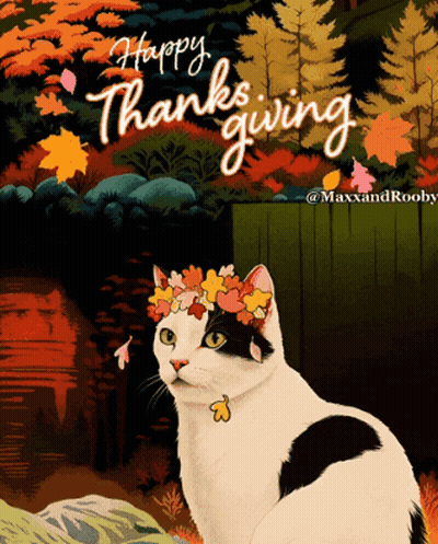 Black And White Cat With Leaf Crown Wishes Happy Thanksgiving GIF