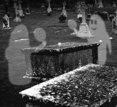 Black And White Cemetery With Two Ghosts GIF