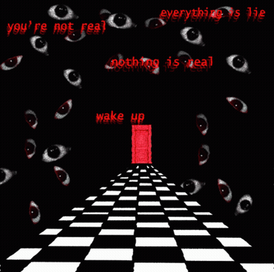 Black And White Checkered Floor With Red Door GIF