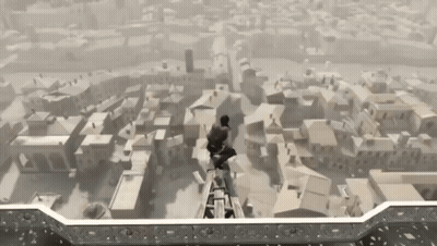Black And White City With Person On Building GIF