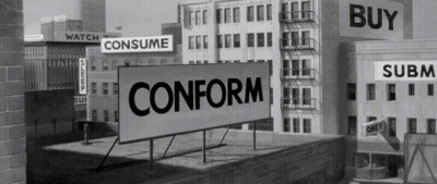 Black And White City With Sign Saying Conform GIF
