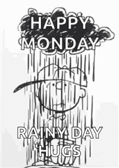 Black And White Cloud With Happy Monday Rainy Day Hugs GIF