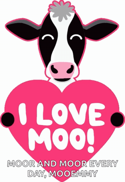 Black And White Cow Holding Heart Saying I Love Moo GIF