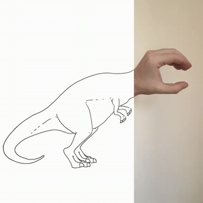 Black And White Dinosaur With Hand Reaching Out GIF