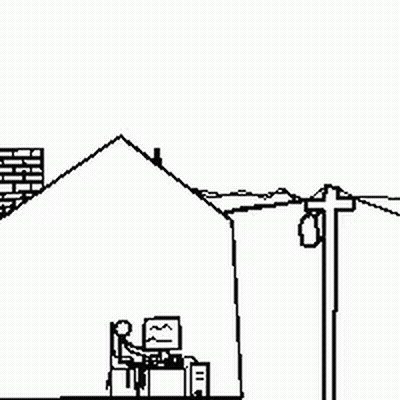 Black And White Drawing Of House With Person At Computer GIF