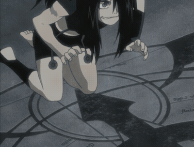 Black And White Drawing Of Kneeling Woman With Circle Saying S GIF