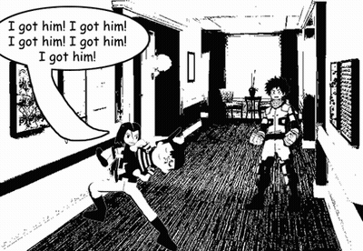 Black And White Drawing Of Man And Woman In Hallway With Speech Bubble Saying I Got Him GIF