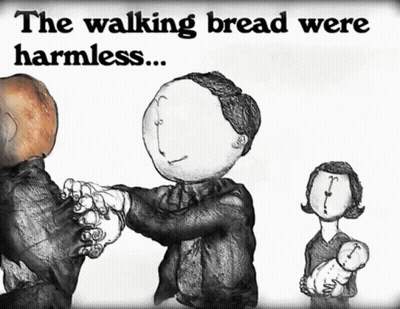 Black And White Drawing Of Man And Woman Saying The Walking Bread Were Harmless GIF