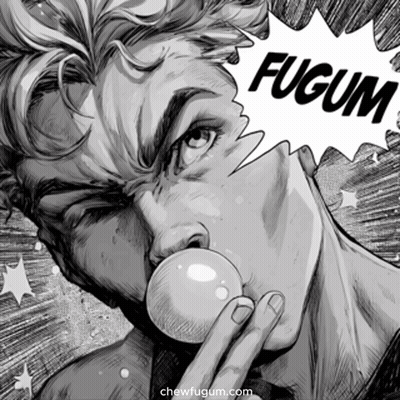 Black And White Drawing Of Man Blowing Bubble Saying Fugium GIF